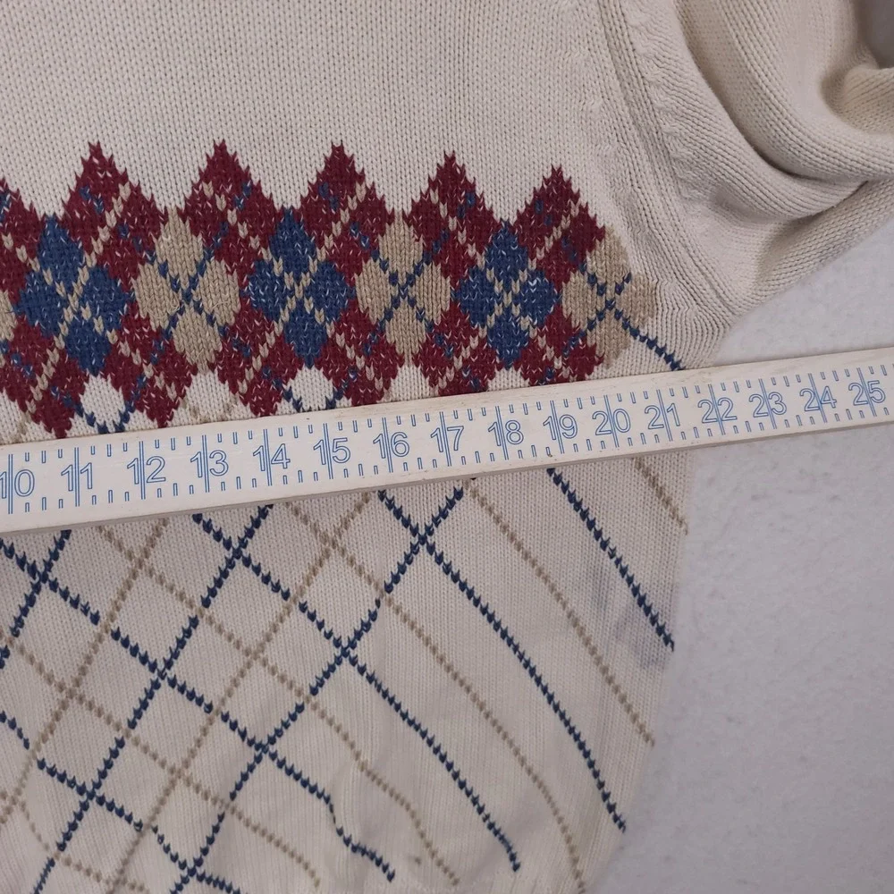 Lands End Argyle Sweater Mens M White Vintage 90s Made in USA Cotton Pullover